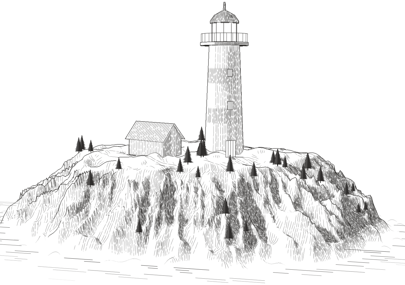 An engraved lighthouse and keeper’s cottage on a rocky headland above the sea