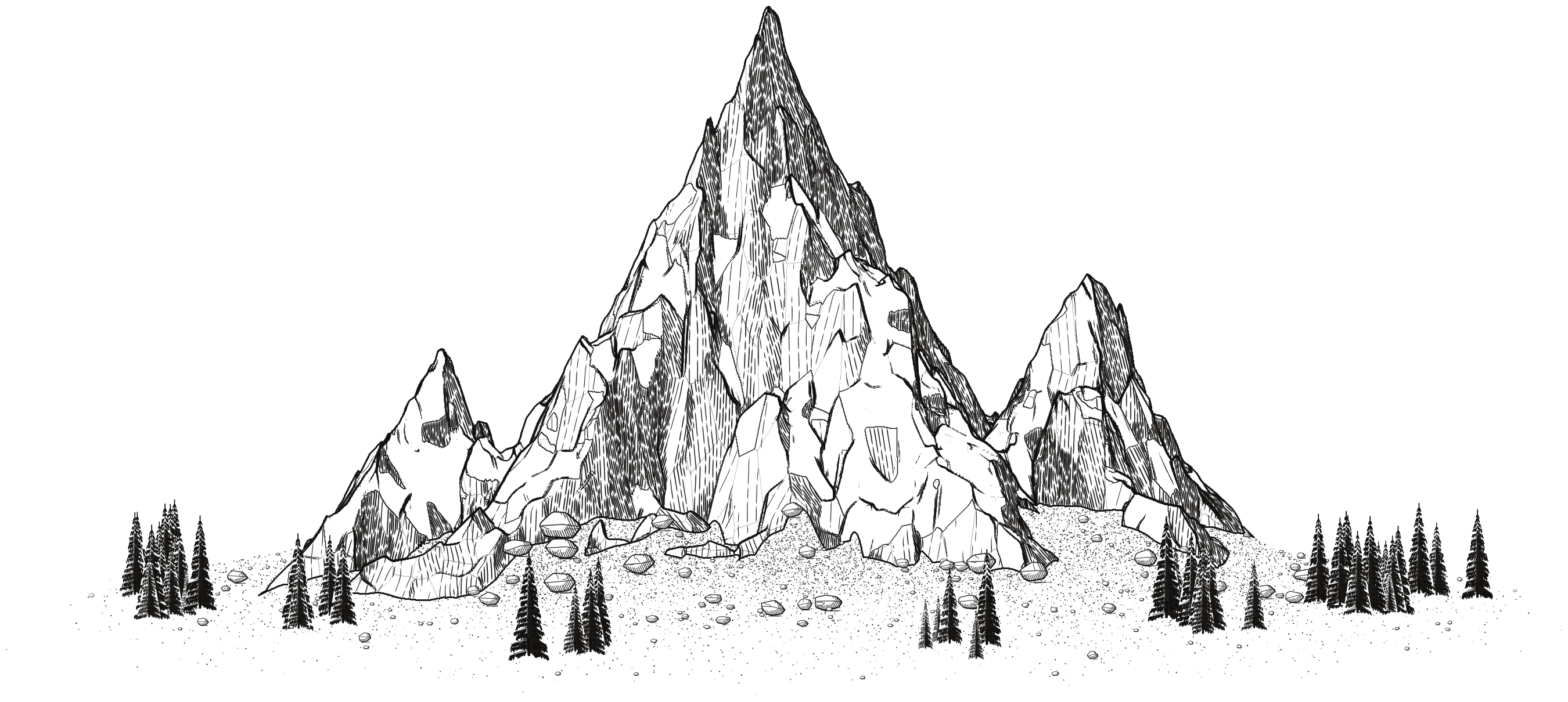 An engraved alpine peak, with snow on its ledges and spruce at its foot
